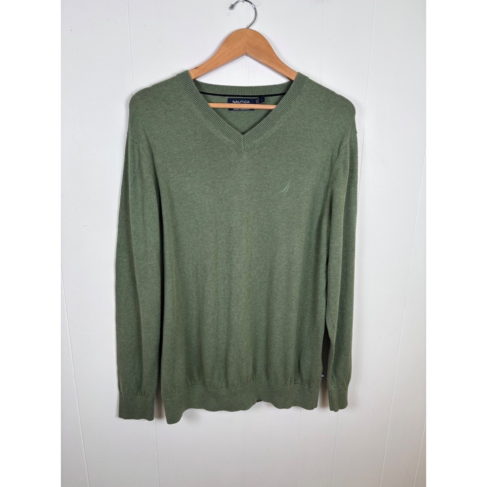 Nautica V-Neck Men's Sweater Luxury Performance‎ Cotton Blend Olive Green Large